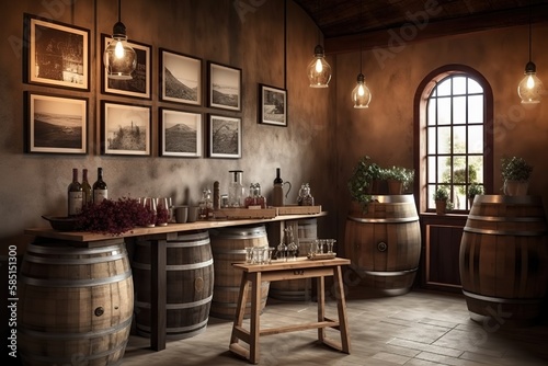 Wine Tasting Room  Capture a set of images that showcase a rustic  charming wine tasting room. Generative AI