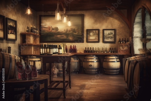 Wine Tasting Room: Capture a set of images that showcase a cozy, rustic wine tasting room. Generative AI