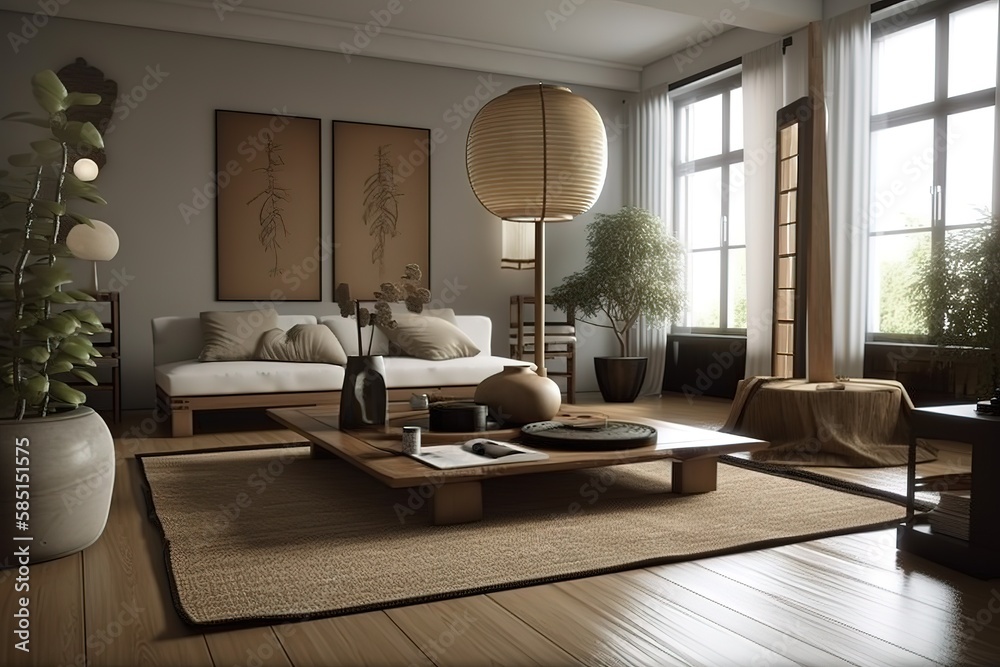 Zen Living Room: Create a living room with a Zen - inspired design, using natural materials, calming colors, and minimalist decor. Generative AI