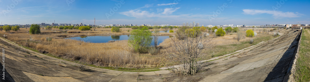 Panorama image with the Vacaresti Nature Park in Bucharest, Romania
