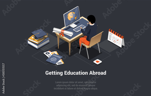 Education Abroad, Work And Travel Program Concept. Man Exchange Student In Front Of Computer Searcing An Information About Courses. Internet Education Course Degree. Isometric 3D Vector Illustration © Intpro