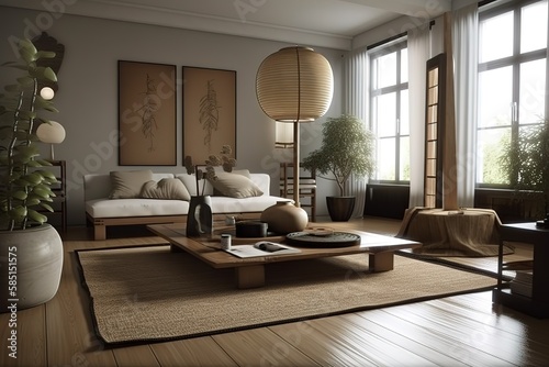 Zen Living Room  Create a living room with a Zen - inspired design  using natural materials  calming colors  and minimalist decor. Generative AI