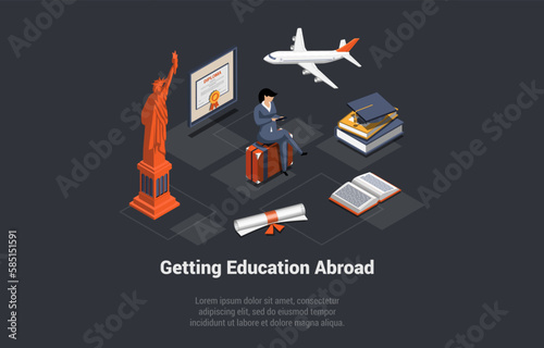 Education Abroad, Work And Travel Program Concept. Woman Exchange Student Is Sitting On Suitcase Waiting For Flight Abroad. Internet Education Course Degree. Isometric 3D Cartoon Vector Illustration
