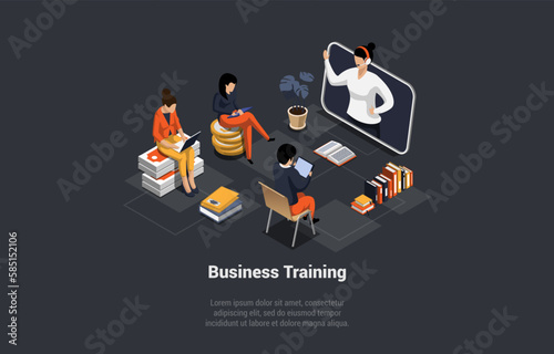 Business Training Or Brainstorming. Woman Online Public Mentor Speaks Before Audience. Coach Presents New Startup Model. Employees Meet at Business Training Course. Isometric 3d Vector Illustration