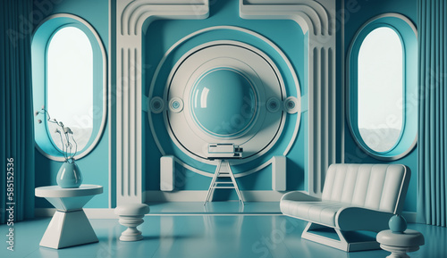 Retro room interior in 1950s 1960s style. Vintage fashion house with light blue colors. Futuristic modern apartment. Generative AI.