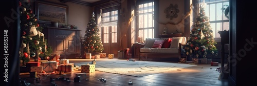 Merry Christmas and Happy new year. Christmas cozy home interior. Festive design with decorative elements. holiday season. Horizontal banner and poster, header for website. generative ai © megavectors