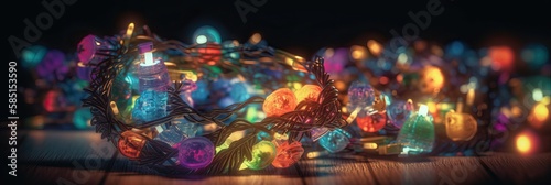 Merry Christmas and Happy new year. Christmas decorative bright glowing garlands. Festive design with decorative elements. holiday season. Horizontal banner  poster  header for website. generative ai
