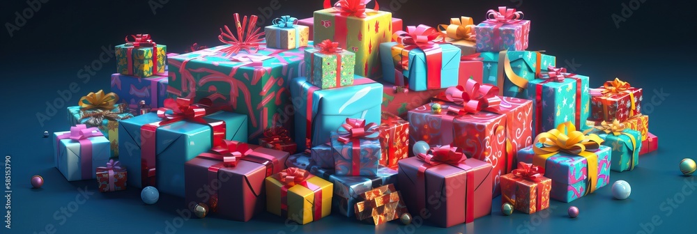 Pile of Christmas gifts box. Merry Christmas and Happy new year. Festive design with decorative elements. holiday season. Horizontal banner and poster, header for website. generative ai Pile of Christmas gifts box. Merry Christmas and Happy new year. Festive design with decorative elements. holiday season. Horizontal banner and poster, header for website. generative ai