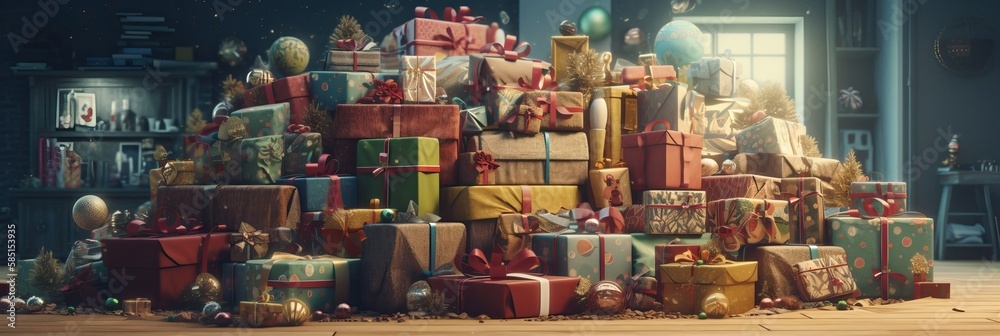 Pile of Christmas gifts box. Merry Christmas and Happy new year. Festive design with decorative elements. holiday season. Horizontal banner and poster, header for website. generative ai