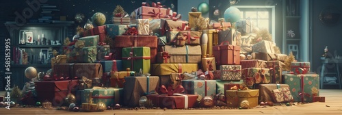 Pile of Christmas gifts box. Merry Christmas and Happy new year. Festive design with decorative elements. holiday season. Horizontal banner and poster, header for website. generative ai