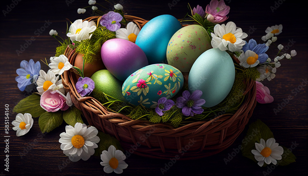 Easter eggs in basket with flowers, AI generated Easter eggs in basket with flowers, AI generated
