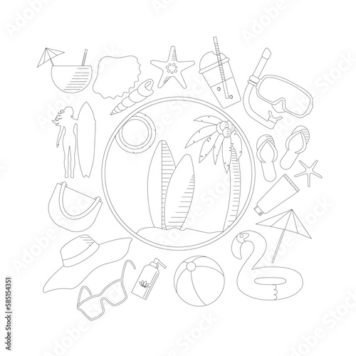 Summer icons set in thin line style. Vector illustration on white background.