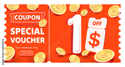 Coupon special voucher 1 dollar , Check banner special offer. Vector illustration