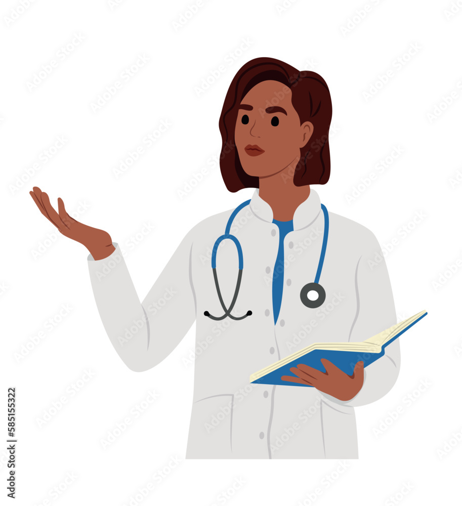 Black female doctor in medical gown. A family doctor is pointing to something while holding a notebook. Black female doctor in medical gown. A family doctor is pointing to something while holding a notebook.