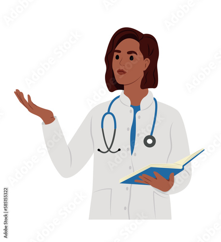 Black female doctor in medical gown. A family doctor is pointing to something while holding a notebook.