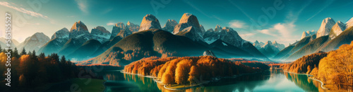 Illustration of a serene lake amidst majestic mountains created with Generative AI technology © lndstock