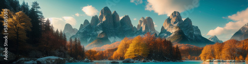 Illustration of a serene lake amidst majestic mountains created with Generative AI technology