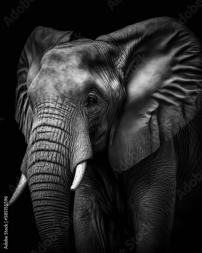 Generated photorealistic close up portrait of an elephant in black and white