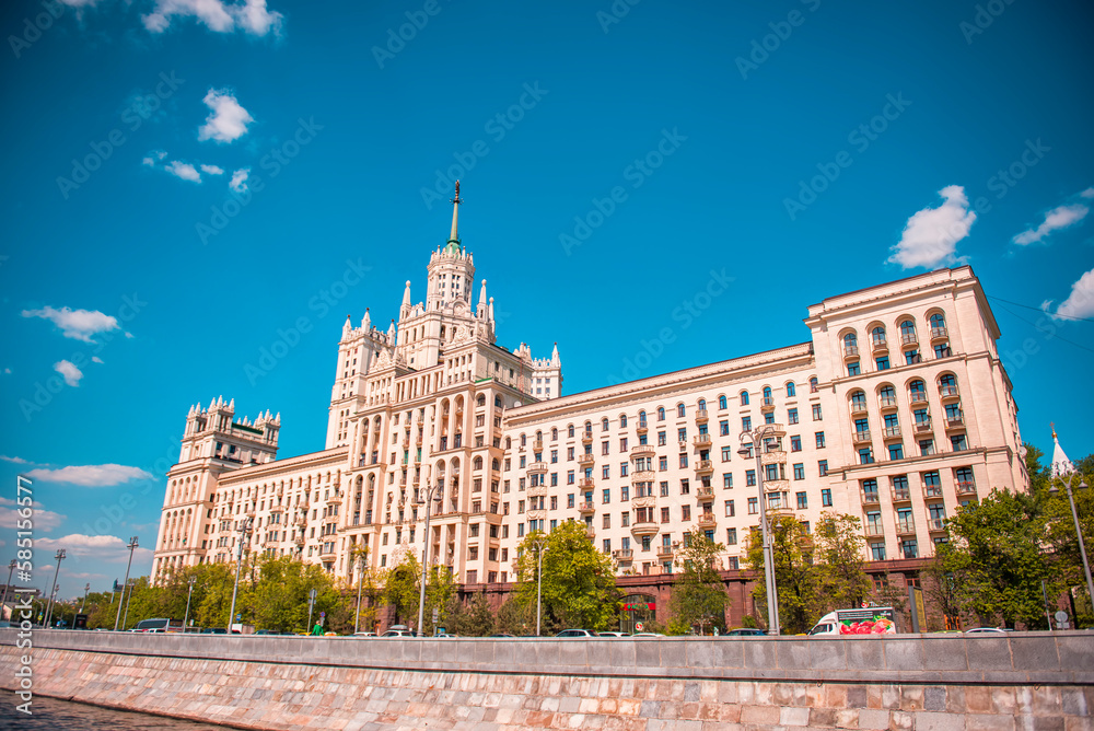 Stalin skyscraper on Kotelnicheskaya embankment in Moscow. View from the Moskva River