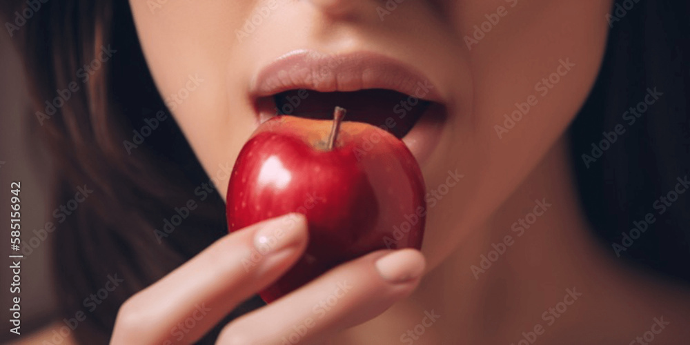 Sexy Lips close up, Beautiful Perfect Makeup, biting apple, big lips Sexy Lips close up, Beautiful Perfect Makeup, biting apple, big lips
