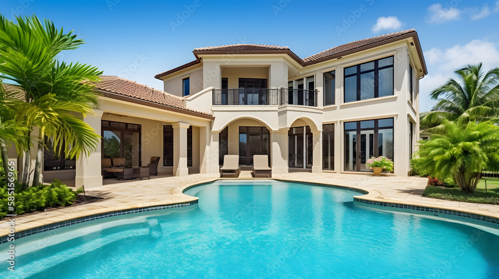 Beautiful home exterior and large swimming pool on sunny day with blue sky.