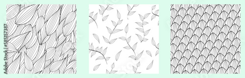 Set of beautiful seamless floral pattern. Modern tropical black and white patterns. Vintage background collection. Line art black seamless pattern on white background. Spring botanical print.