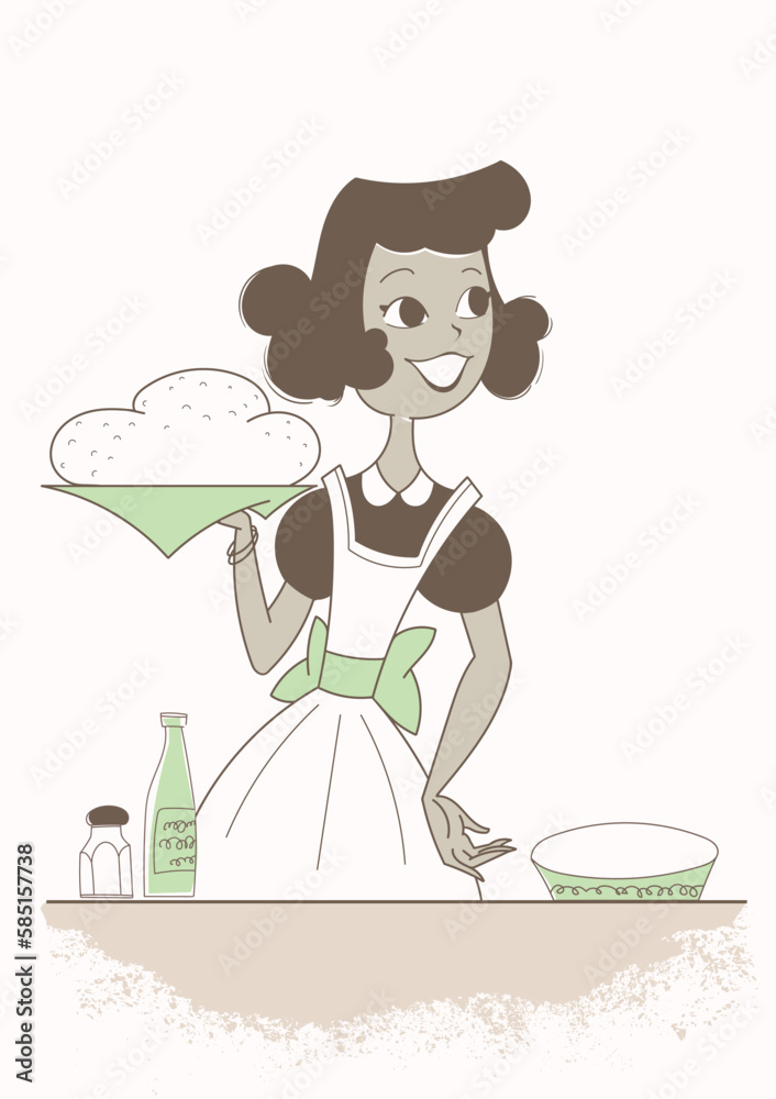 Retro style vector illustration. Housewife with ready-made bread. Retro style vector illustration. Housewife with ready-made bread.
