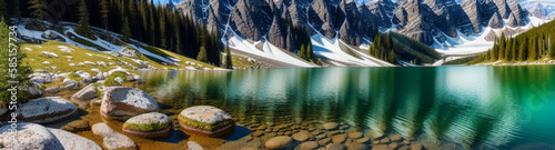 Illustration of a serene lake nestled among towering mountains and lush pine trees created with Generative AI technology