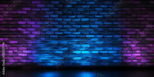 Black brick wall background with neon lighting effect from pink and purple to blue. Glowing lights in the dark on empty brick wall background