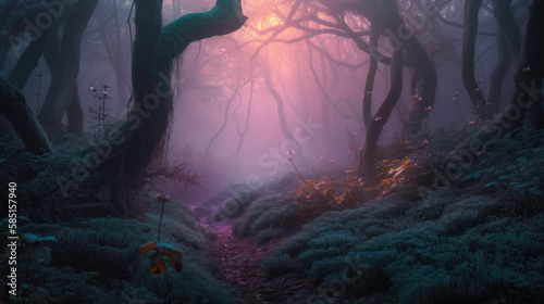 Magical misty forest background - made with Generative AI