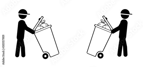 Wheelie bin. Waste collection day. Garbage bag and container. Waste bin or or litterbin. Garbage can, trash can. Trash bin or dust bin symbol.  Man putting his bin out for collection.