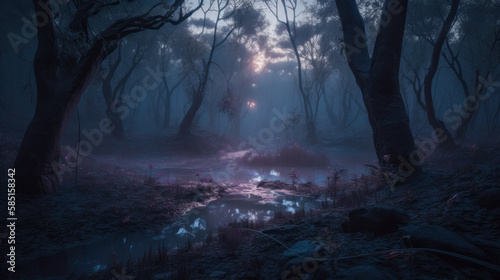 Magical misty forest background - made with Generative AI