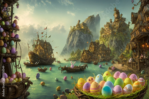 Fantasy Easter Island with many eggs around