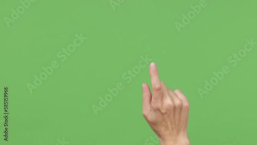 Close up cropped female hand pc gesture touch click sliding drag swipe isolated on pastel plain light chroma key green color wall background studio. Interface concept. Copy space advertising mock up