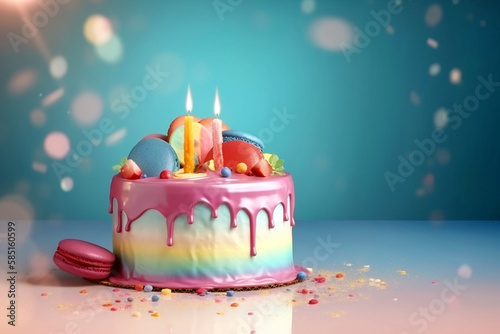 A colorful birthday cake on pastel background. Sweet and delicious Happy Birthday cake  copy space. Celebration concept  selective focus. AI generated.