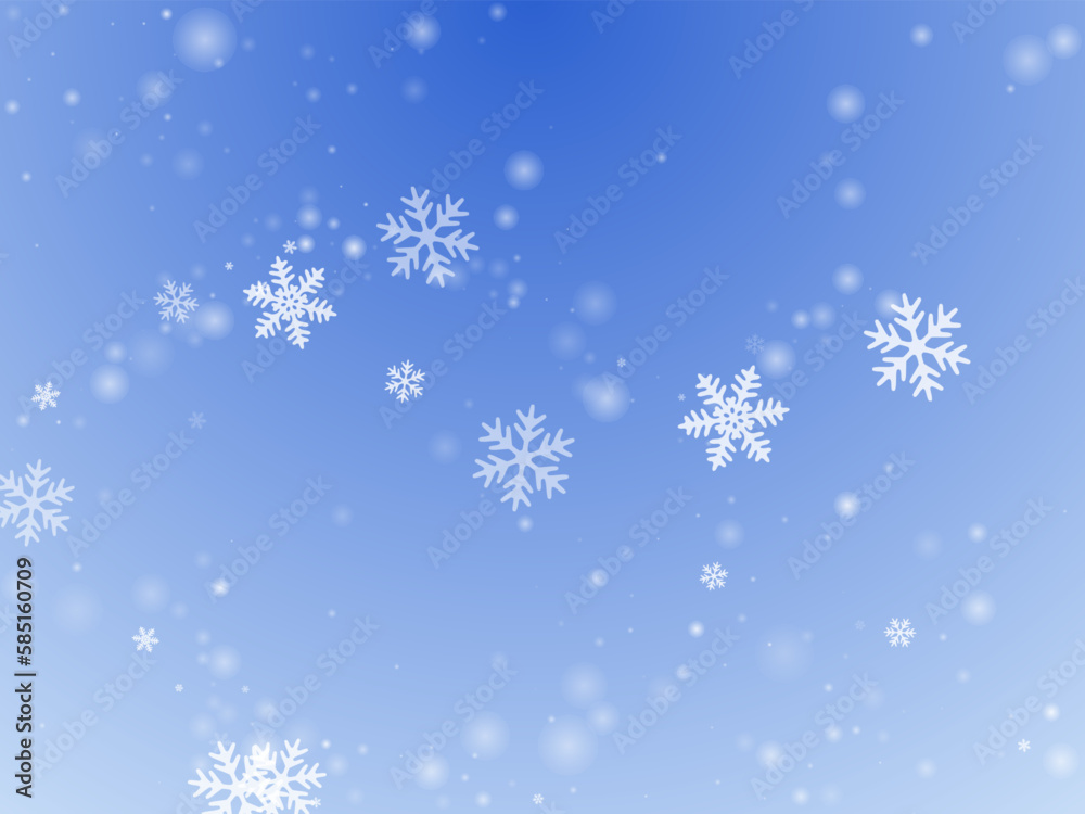 Fairy flying snow flakes composition. Wintertime speck freeze elements. Snowfall sky white blue background. Swirling snowflakes christmas vector. Snow cold season landscape.