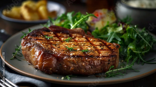 Mouthwatering Grilled Ribeye Steak with Cheesy Potato Gratin and Fresh Greens