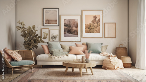 Bohemian Interior Design Style living room in pastel colors mock-up with frame for picture generative ai