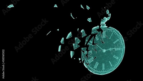 Three-dimensional crumbling pocket watch isolated on white background. 3D illustration.