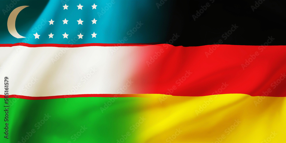 Naklejka premium German,Uzbekistan flag together.Germany,Uzbekistan waving flag background