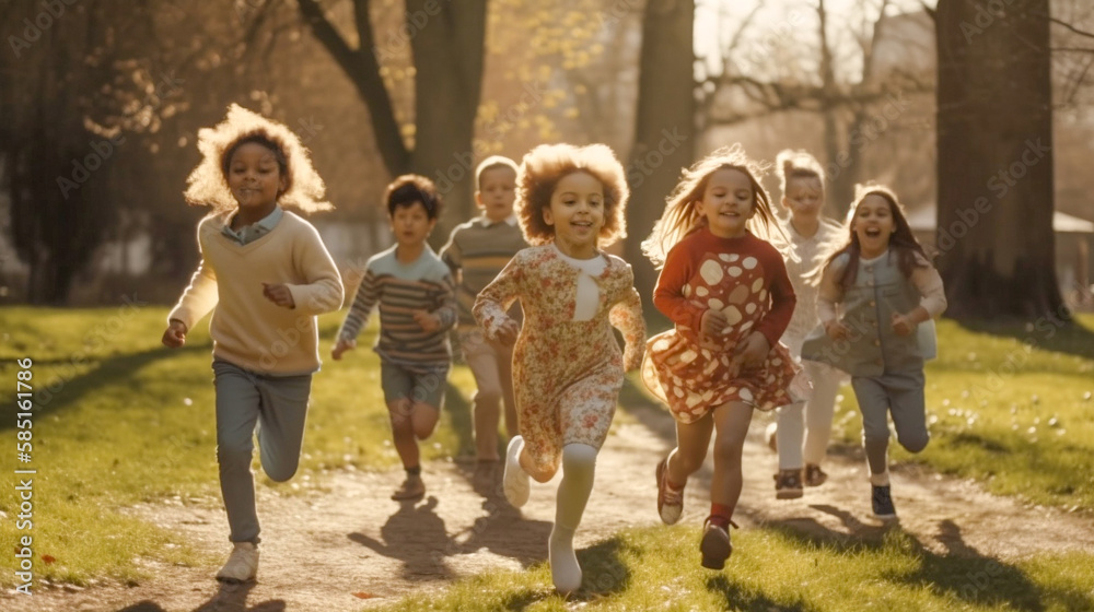 Several Happy Multi-ethnic Children Running In The Park - Generative AI. Several Happy Multi-ethnic Children Running In The Park - Generative AI.
