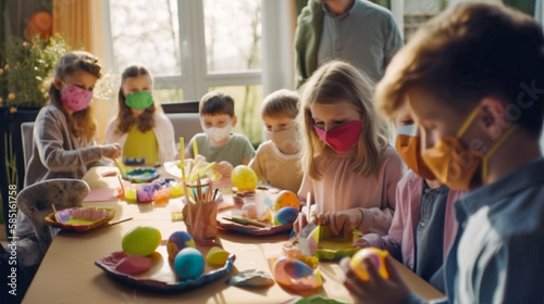 Several Children Wearing Medical Masks Decorating Easter Eggs at the Kitchen Table - Generative AI.