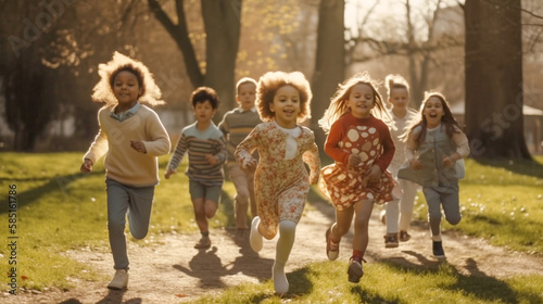 Several Happy Multi-ethnic Children Running In The Park - Generative AI.