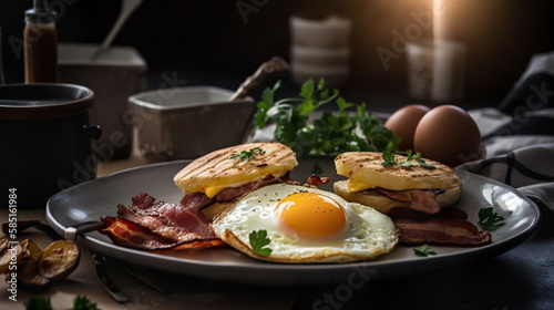Delicious Fresh Eggs and Bacon Breakast Plate on Table - Generative AI.