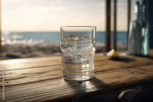 glass of water on top of a table, with the beach in the background slightly blurred, Generative AI