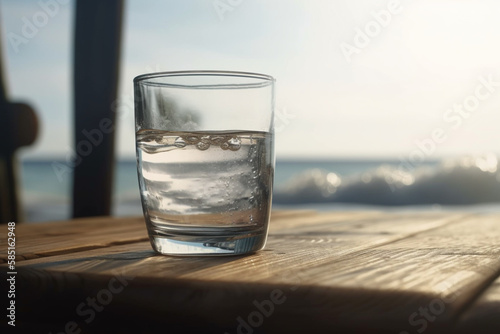 glass of water on top of a table, with the beach in the background slightly blurred, Generative AI