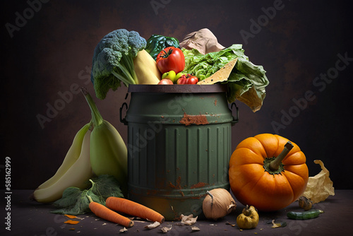 Uneaten unused spoiled vegetables thrown in the trash container. Food loss and food waste. Reducing wasted food, composting, rotten veggies in a trash. AI generated. photo
