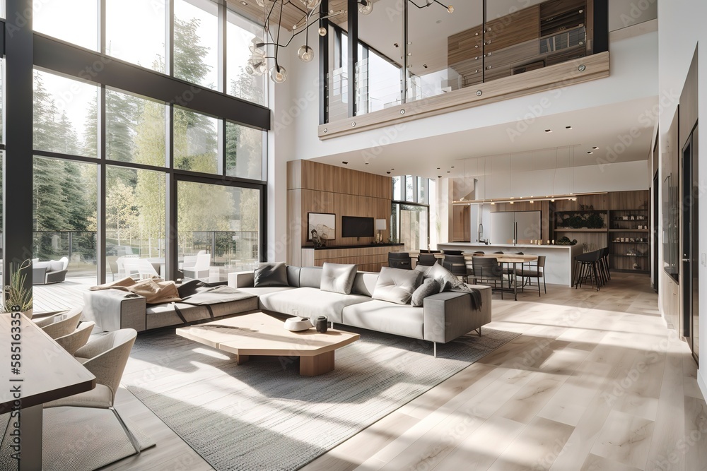 Beautiful living room interior in new luxury home with open concept