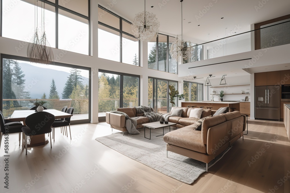 Beautiful living room interior in new luxury home with open concept floor plan. Shows kitchen, dining room, and wall of windows with amazing exterior, Generative AI