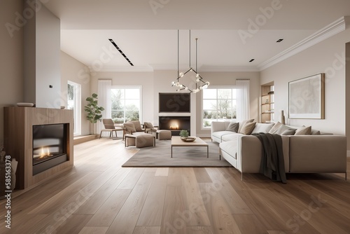 Beautiful living room interior with hardwood floors and fireplace in new luxury home, Generative AI